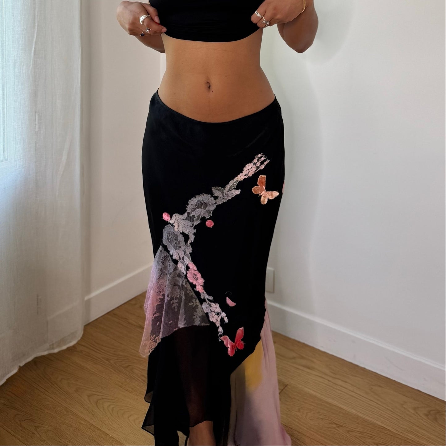 Vintage Black Pink Floral Butterfly Lace Asymmetrical Maxi Skirt Spain Y2K (S)