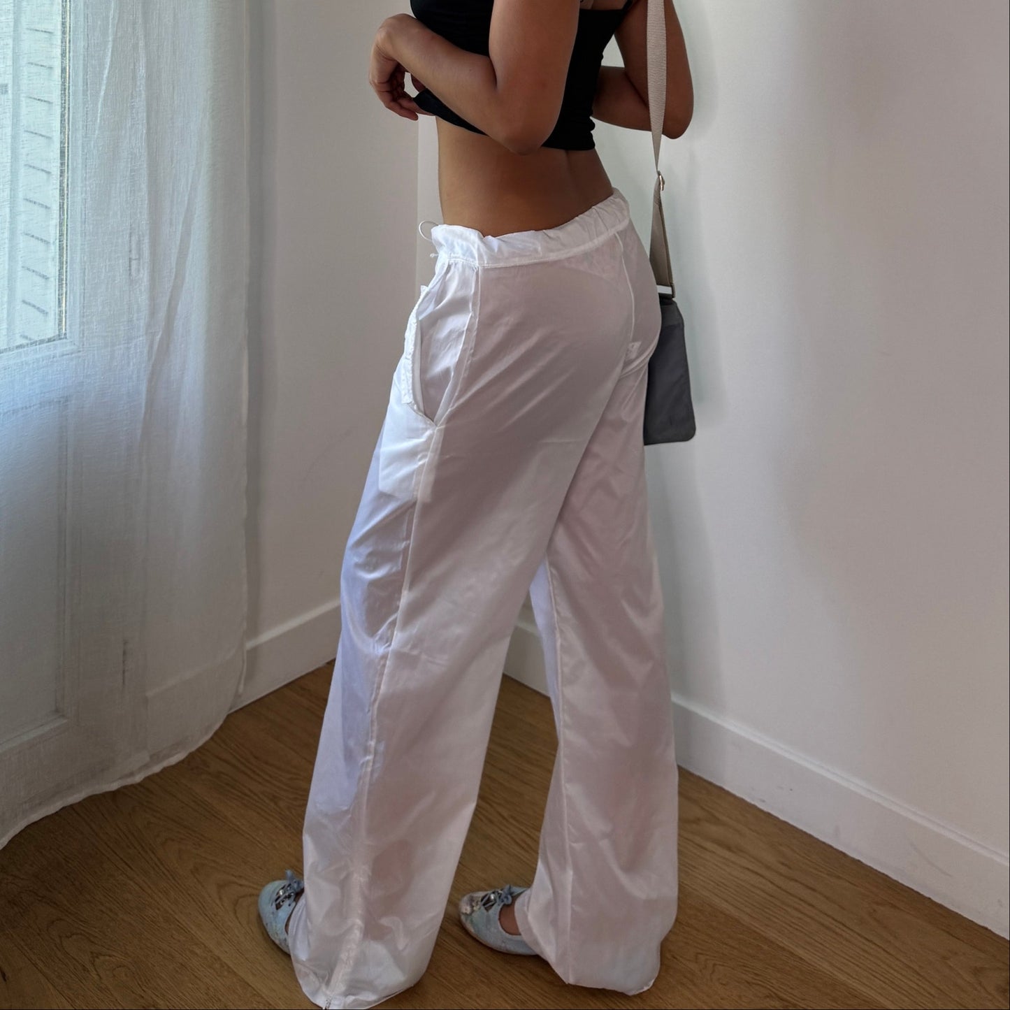 Vintage White Nylon Parachute Pants Zip Ankle Italy Y2K (S/M)