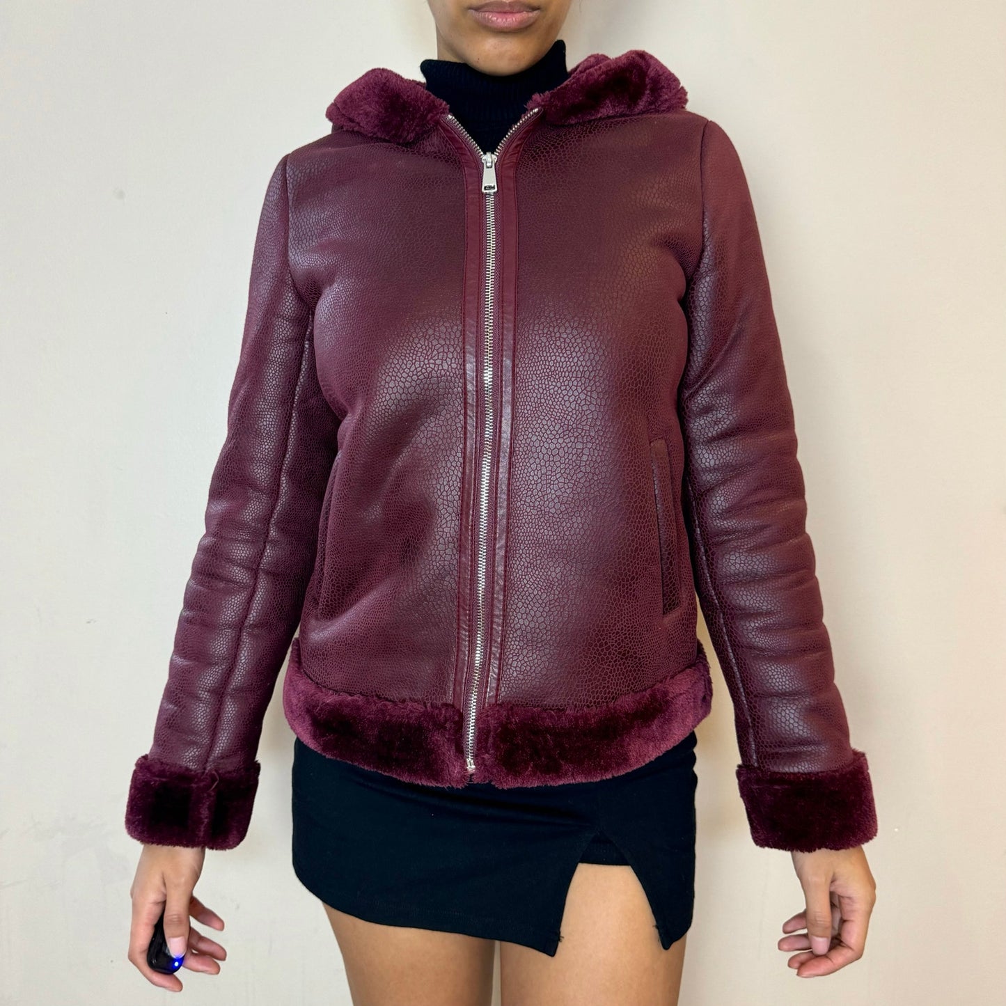 Vintage Y2k burgundy faux leather and fur trimmed jacket with hood (S)