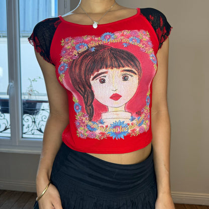 Rare! French Vintage 00s slinky girl graphic baby tee (XS/S)