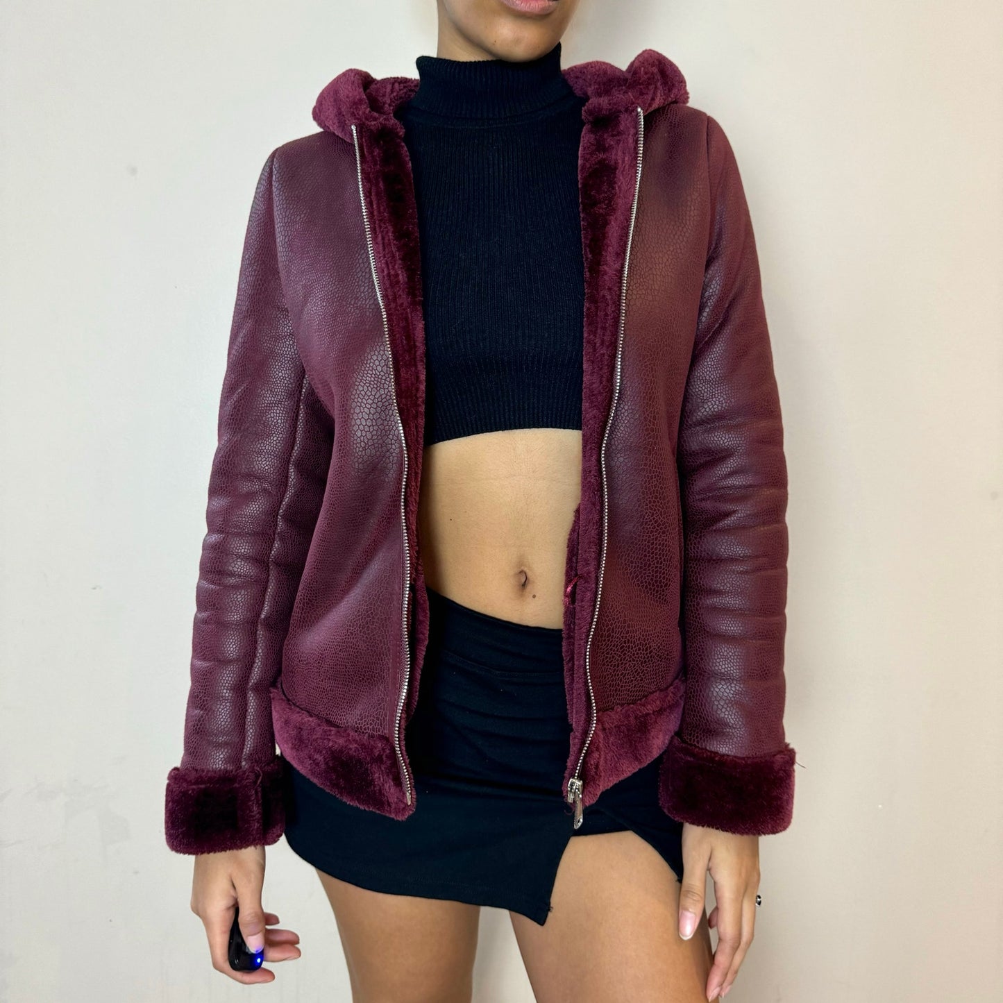 Vintage Y2k burgundy faux leather and fur trimmed jacket with hood (S)