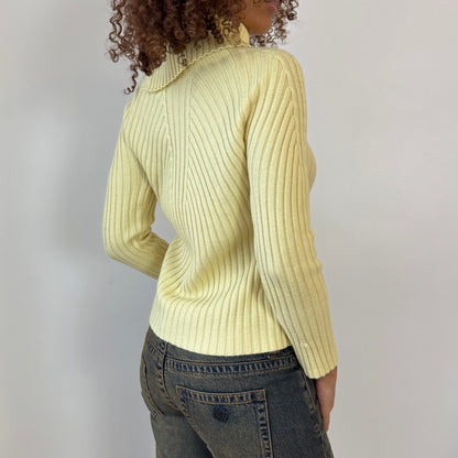 Vintage Yellow Ribbed Knit Merino Wool Sweater Foldover Neck Italian Y2K (S)