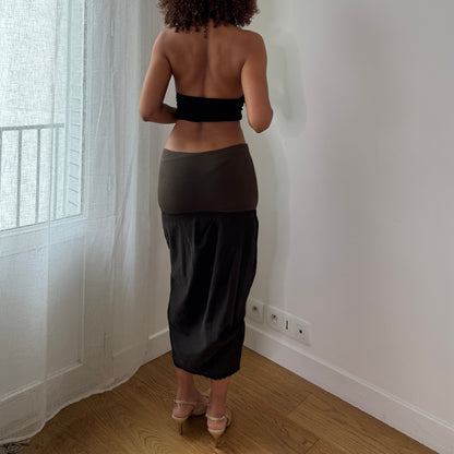 Vintage Olive Brown Asymmetrical Denim Midi Skirt Italian Y2K Avant Garde Skirt (S) ⠀