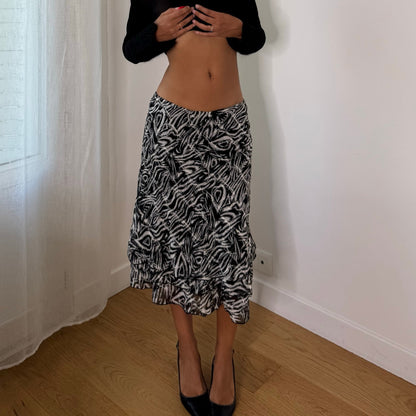 Italian vintage black & white abstract zebra print mesh midi skirt with ruffled hem