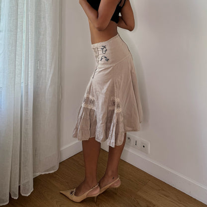 Vintage French Beige Embroidered Midi Skirt (XS/S)