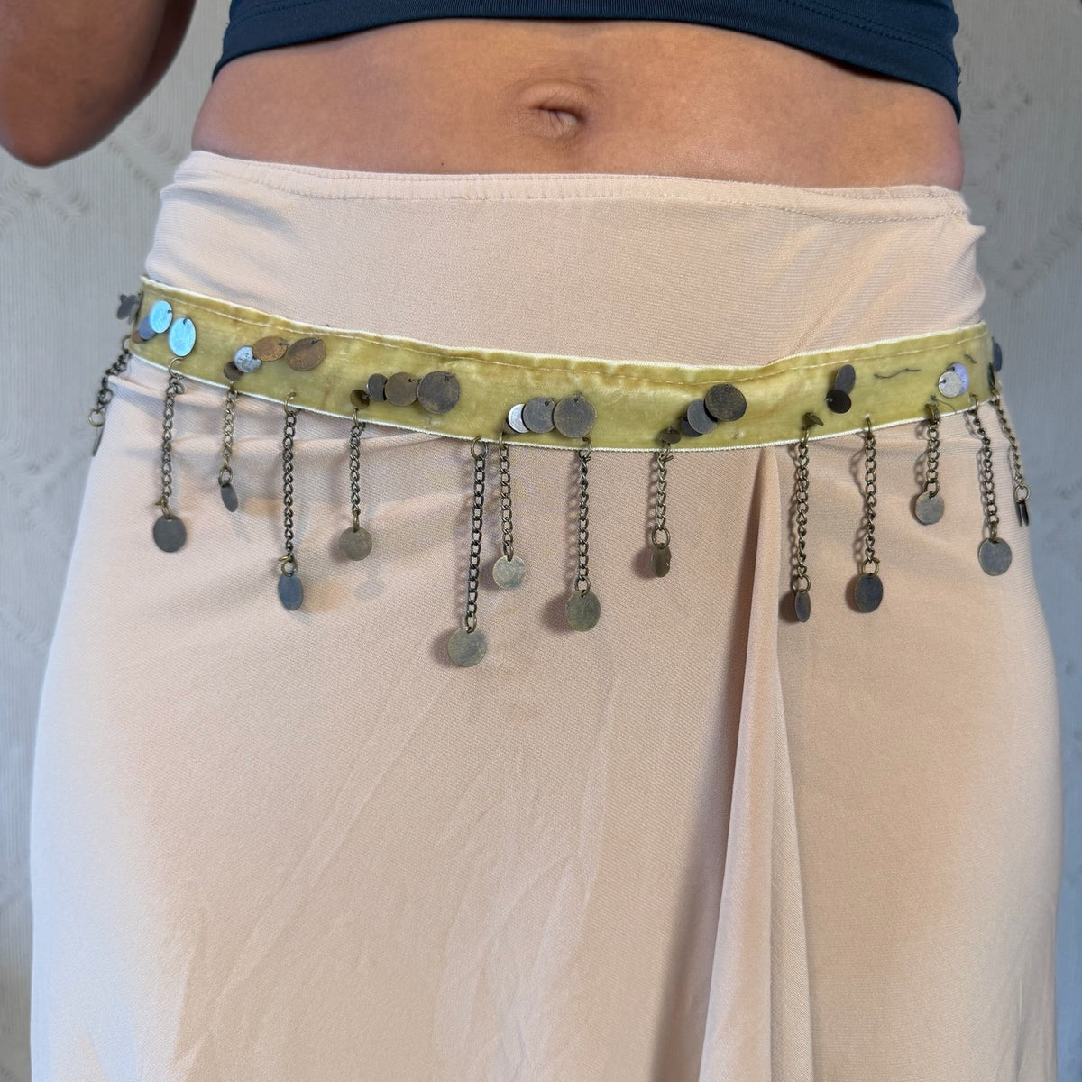 Euro Vintage Cream Beige Asymmetric Faux Suede Midi Skirt with Sequin Velvet Waistband & Dangling Metal Charms