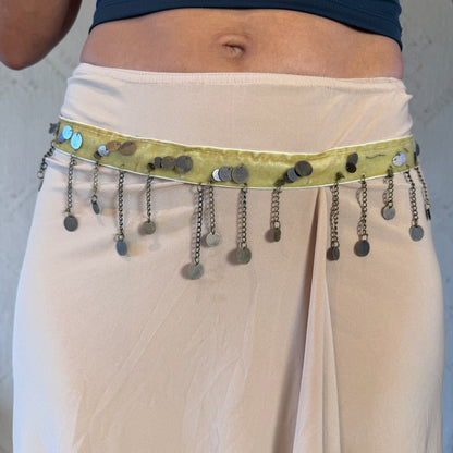 Euro Vintage Cream Beige Asymmetric Faux Suede Midi Skirt with Sequin Velvet Waistband & Dangling Metal Charms