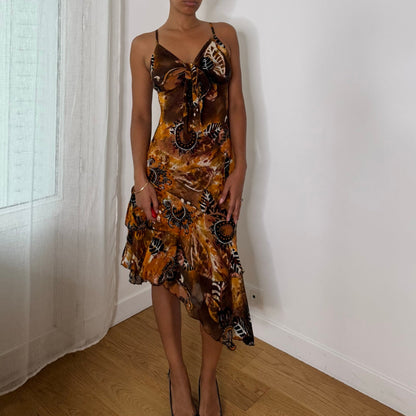 Italian vintage Y2K amber brown & orange abstract paisley print mesh dress with asymmetric ruffle hem