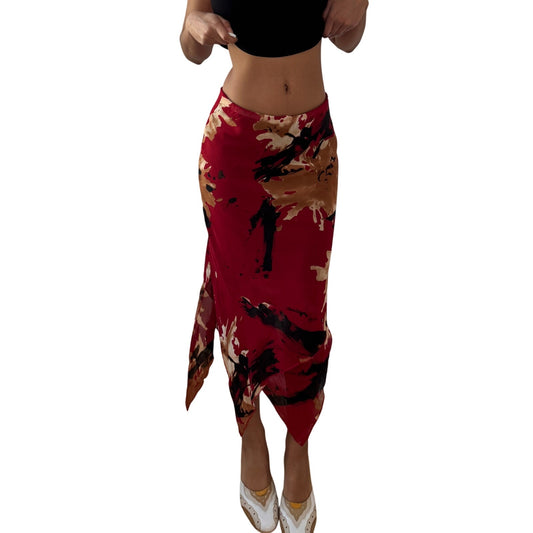 Vintage Red Abstract Print Mesh Midi Skirt Asymmetric Y2K Italian (S)