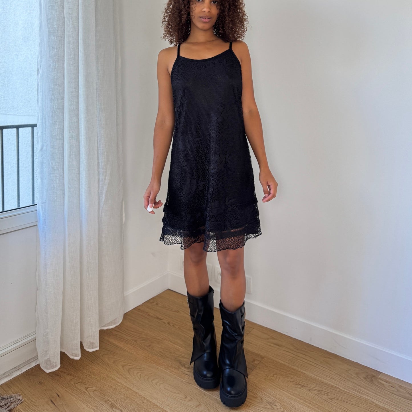 Vintage European Black Lace Slip Dress with Scalloped Hem (S/M)