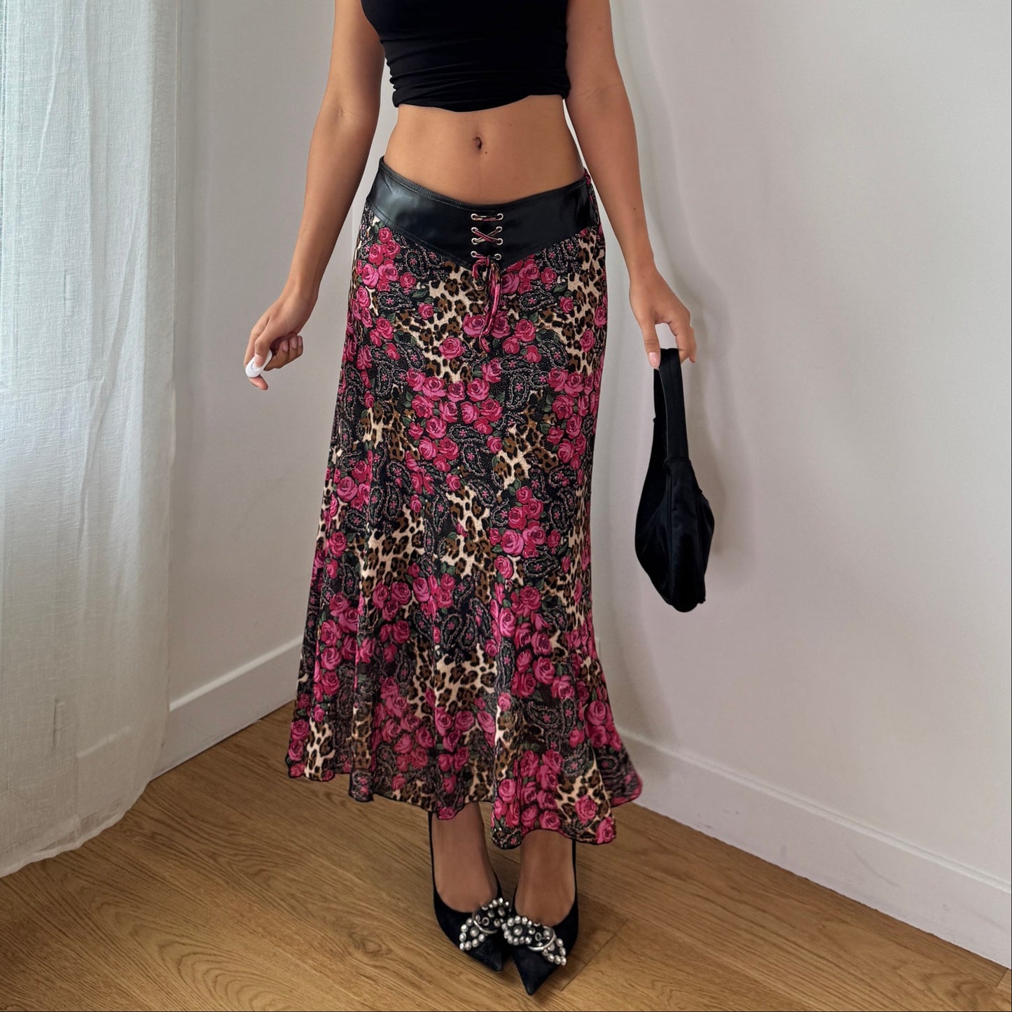 Vintage French Floral Leopard Mesh Midi Skirt Y2K Lace Up Skirt (S) ⠀