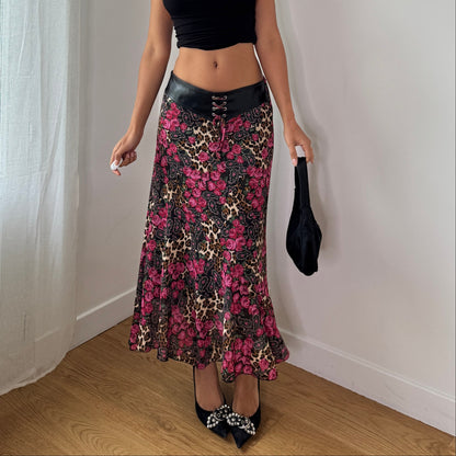 Vintage French Floral Leopard Mesh Midi Skirt Y2K Lace Up Skirt (S) ⠀