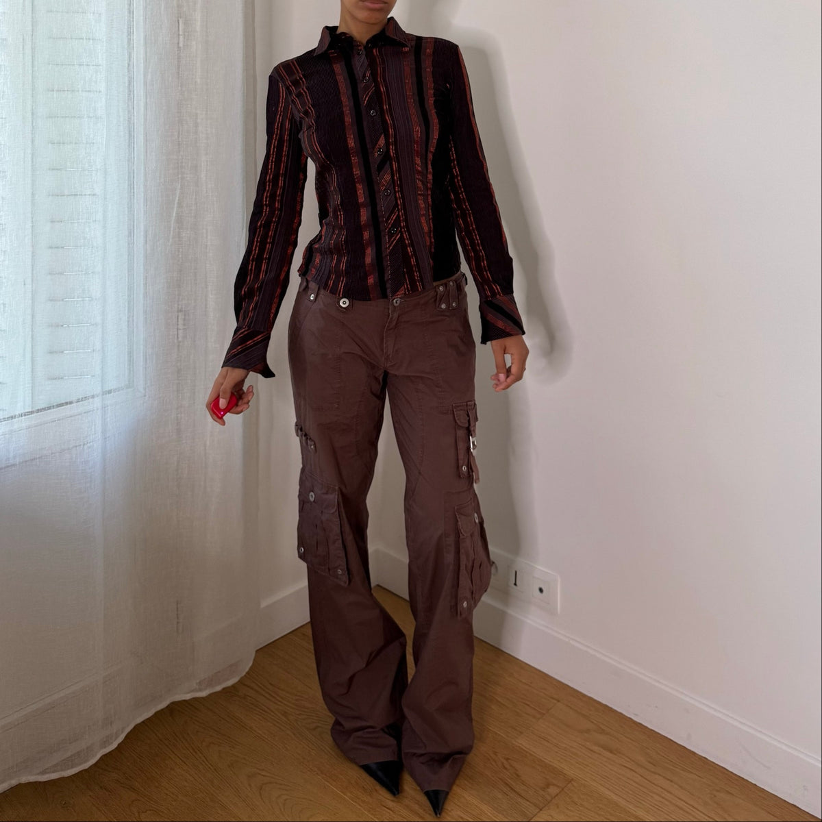Italian Vintage Brown Orange Striped Fitted Button Up Shirt
