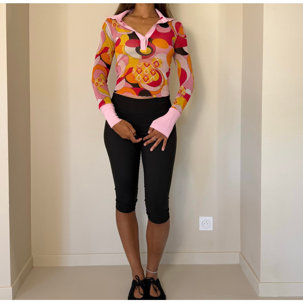 Italian Vintage Pink Orange Yellow Mod Psychedelic Print Mesh & Knit Polo Long Sleeve Top