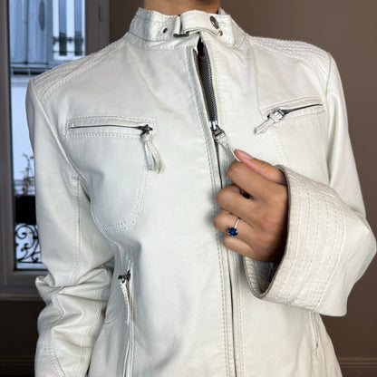 Vintage 90s Fitted White Leather Moto Jacket (S/M)