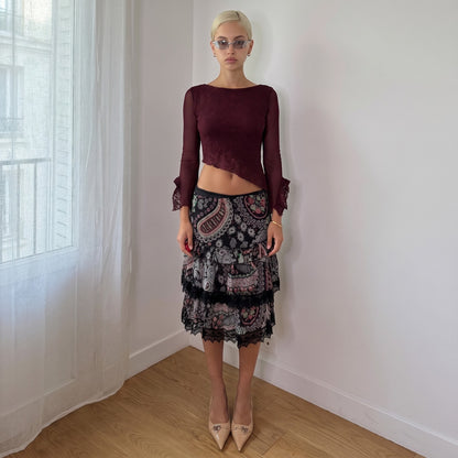 Vintage Italian Burgundy Floral Lace Mesh Crop Top Y2K (S)