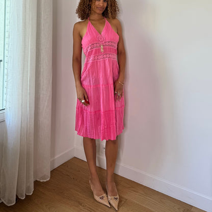 Vintage Hot Pink Lace Halter Midi Dress Y2K Cotton (S/M)