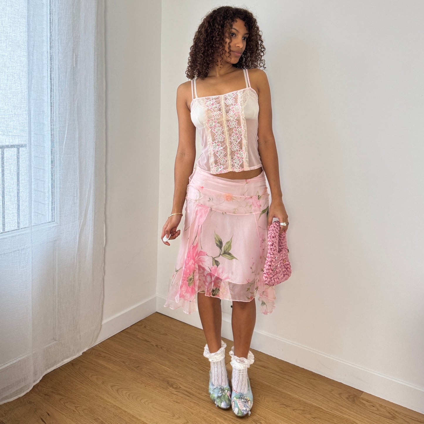 Italian vintage sheer blush mesh cami with pink floral lace panels (S)