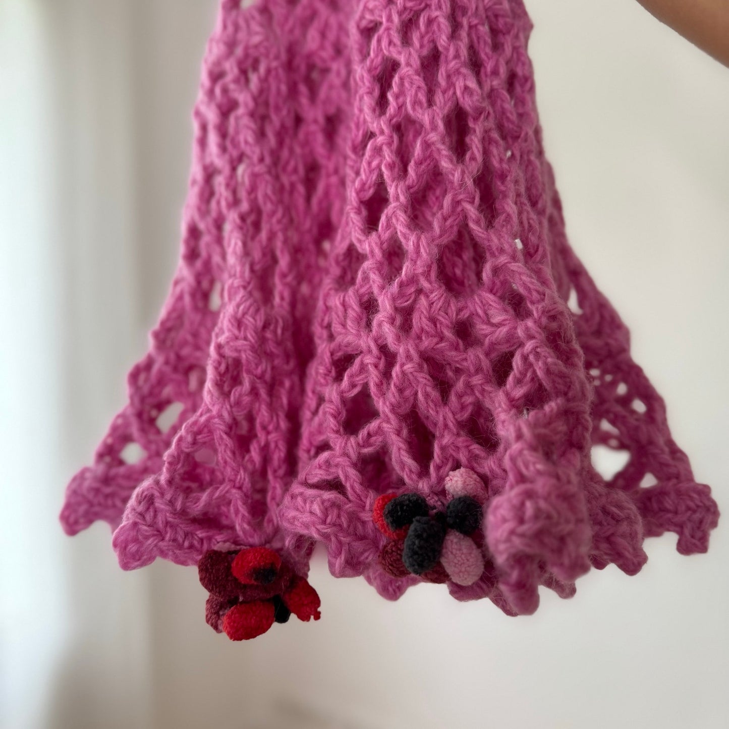 Vintage Pink Crochet Knit Midi Skirt Fishnet Ruffle Hem Y2K (S)