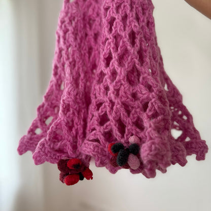 Vintage Pink Crochet Knit Midi Skirt Fishnet Ruffle Hem Y2K (S)