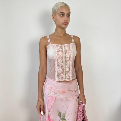 Vintage Blush Sheer Mesh Cami Pink Floral Lace Panel Tank Italy (S) ⠀