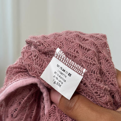 Vintage dusty pink openwork knit wrap cardigan with side ties, ruched sleeves & cropped fit