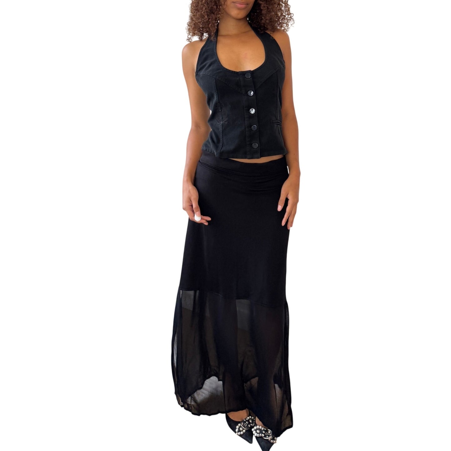 Vintage Euro black sheer panel maxi skirt (M)