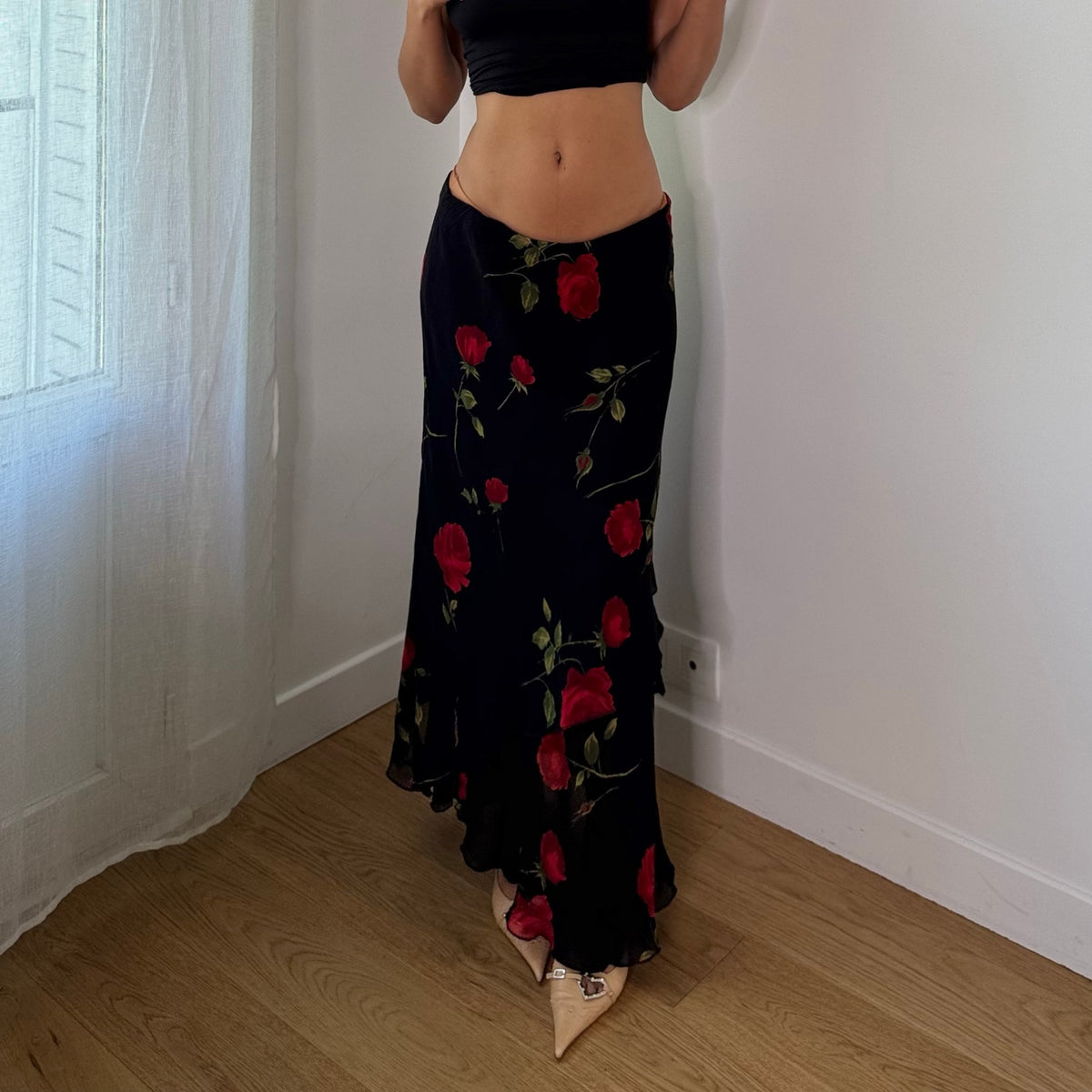 Vintage Italian Black Red Rose Floral Mesh Maxi Skirt (M)
