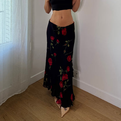 Vintage Italian Black Red Rose Floral Mesh Maxi Skirt (M)