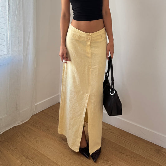 Vintage Italian Linen Blend Maxi Skirt Soft Yellow Front Slit Minimal (XS/S)