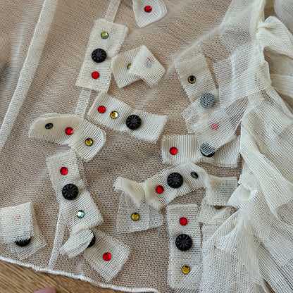 Vintage Italian cream ruffle applique sheer mesh tie-front top (Small/Medium)