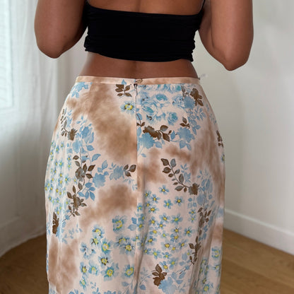 Vintage Beige Blue Floral Silk Mesh Midi Skirt Gerard Darel Bias Cut Skirt (S) ⠀