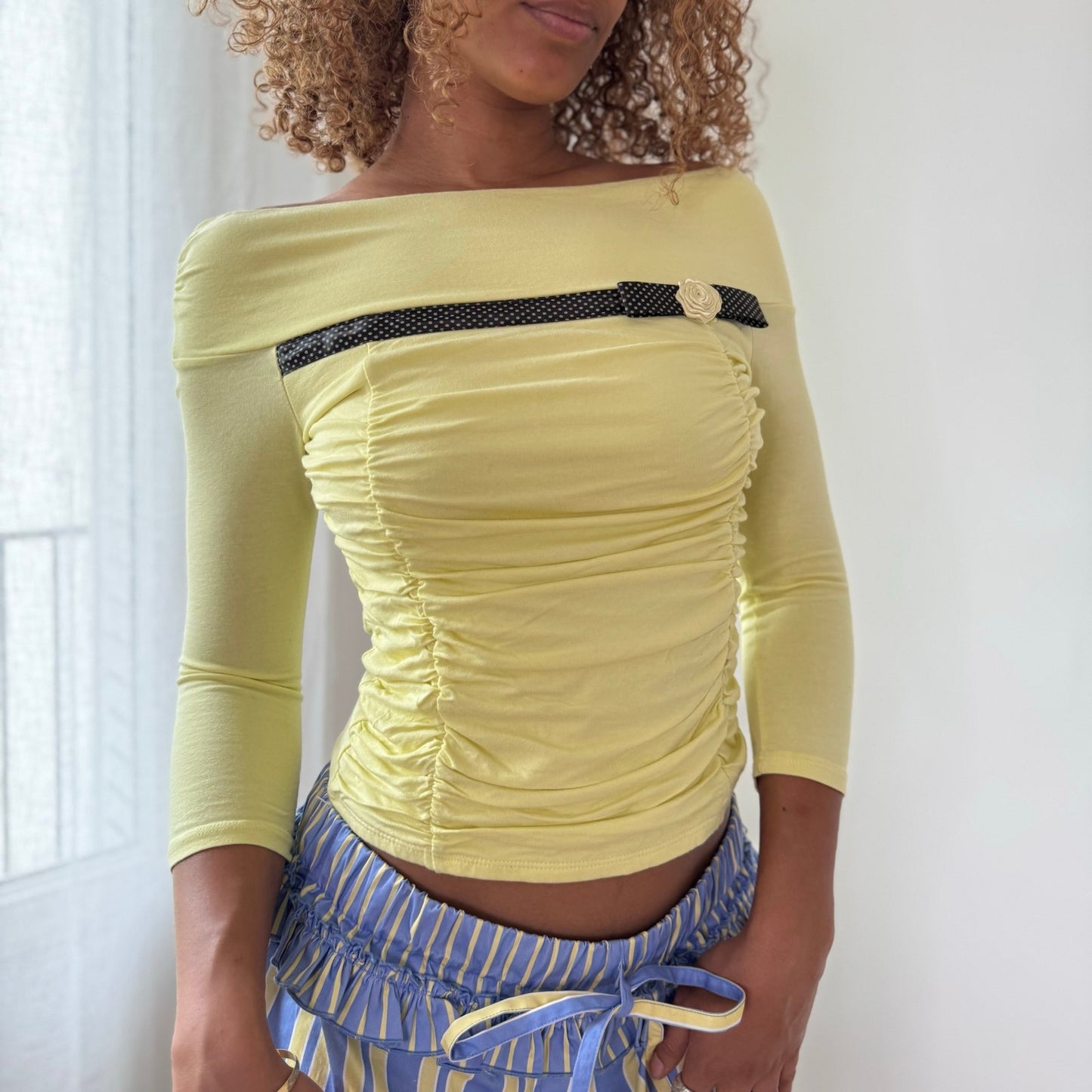 Vintage Yellow Ruched Off Shoulder Top Rosette Detail French Y2K (S)