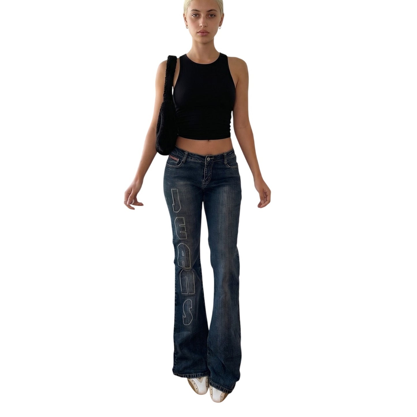 Vintage Dark Wash Denim Bootcut Jeans Logo Embroidery Low Rise Italy Y2K (S)
