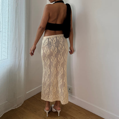 Vintage Cream Crochet Knit Maxi Skirt Boho Sheer Open Knit Skirt (XS–M) ⠀
