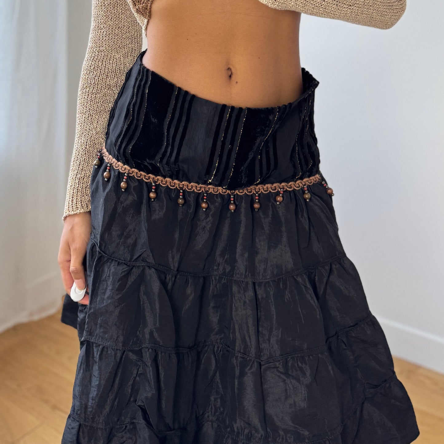 Vintage Italian black tiered midi skirt with velvet panel & beaded trim (S)