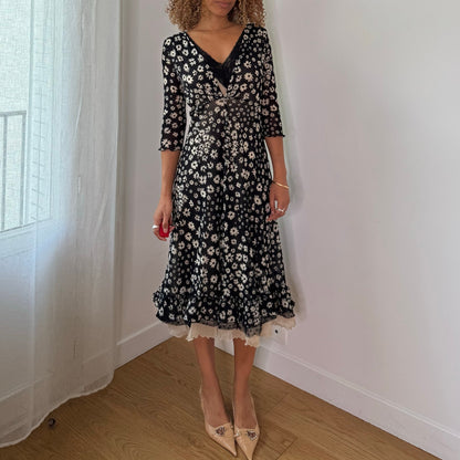 Vintage Black Cream Floral 100% Silk Lace Midi Dress Italian Y2K (M/L)
