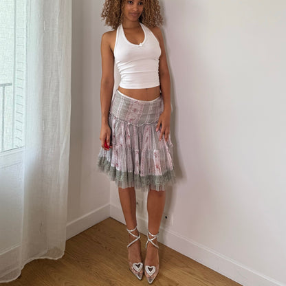 Vintage Derhy Floral Lace Tiered Mesh Skirt Y2K (S)