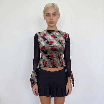 Vintage Italian Gold Red Brocade Mesh Top Floral Y2K (S)