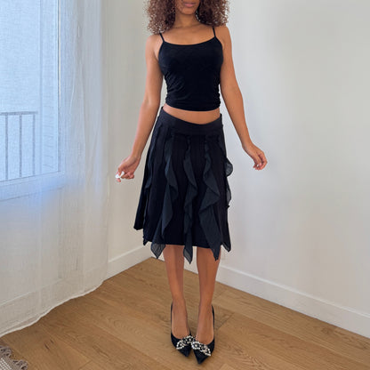 Vintage Cop Copine Euro Y2K Black Ruffle Panel Midi Skirt (Small)
