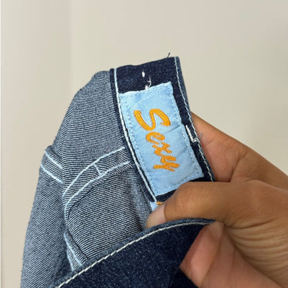 Euro Vintage Dark Indigo Blue Low Rise Flared Denim Jeans with White Contrast Stitching