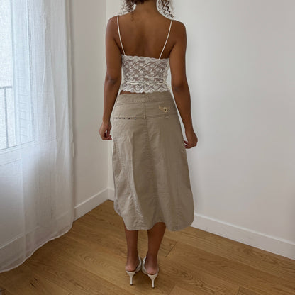 Vintage Y2K khaki A-line studded midi skirt by ONLY (Small)