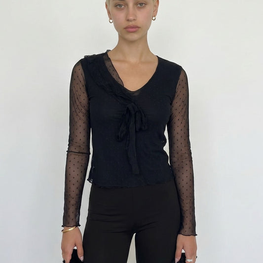 Vintage Italian Black Polka Dot Mesh Top Sheer Cotton Y2K Long Sleeve (S)