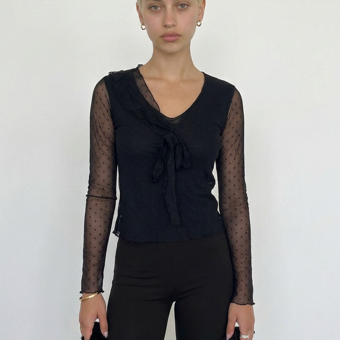 Vintage Italian Black Polka Dot Mesh Top Sheer Cotton Y2K Long Sleeve (S)