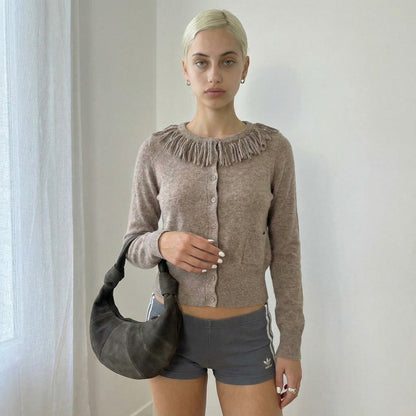 Vintage Marella Taupe Wool Cashmere Cardigan Fringe Collar (S)