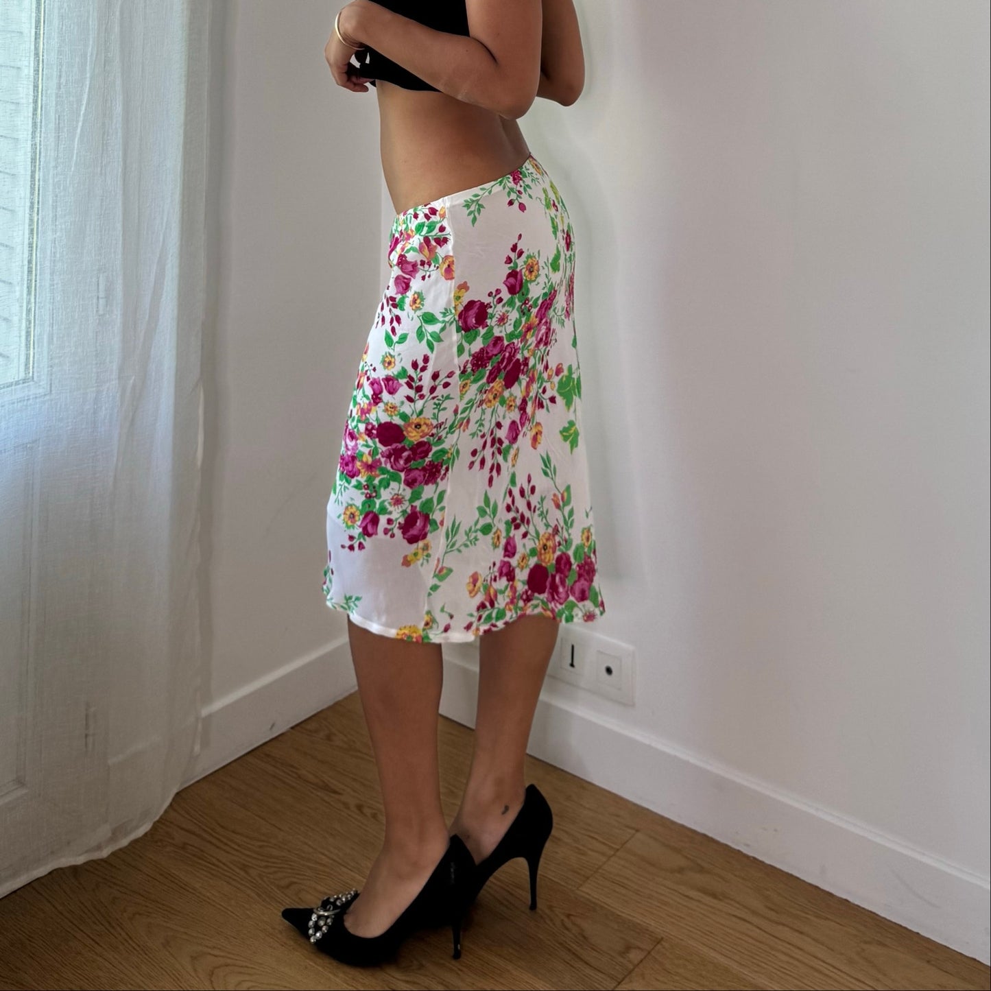 Vintage White Pink Floral Mesh Midi Skirt Double Layer Italian Y2K (S)