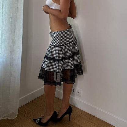 Vintage Black White Gingham Lace Tiered Midi Skirt Italian Y2K (S/M)