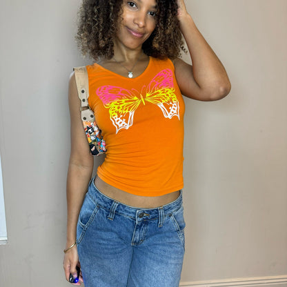 Vintage 00s Orange butterfly graphic baby tank (XS/S)