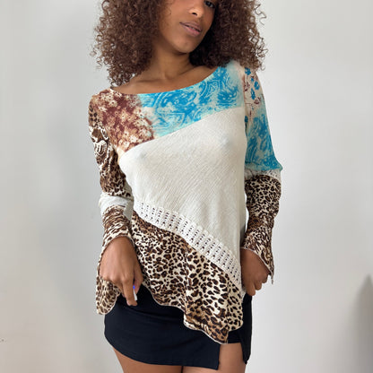 Vintage Patchwork Mixed-Print Asymmetric Long Sleeve Top with Lace Trim (M)