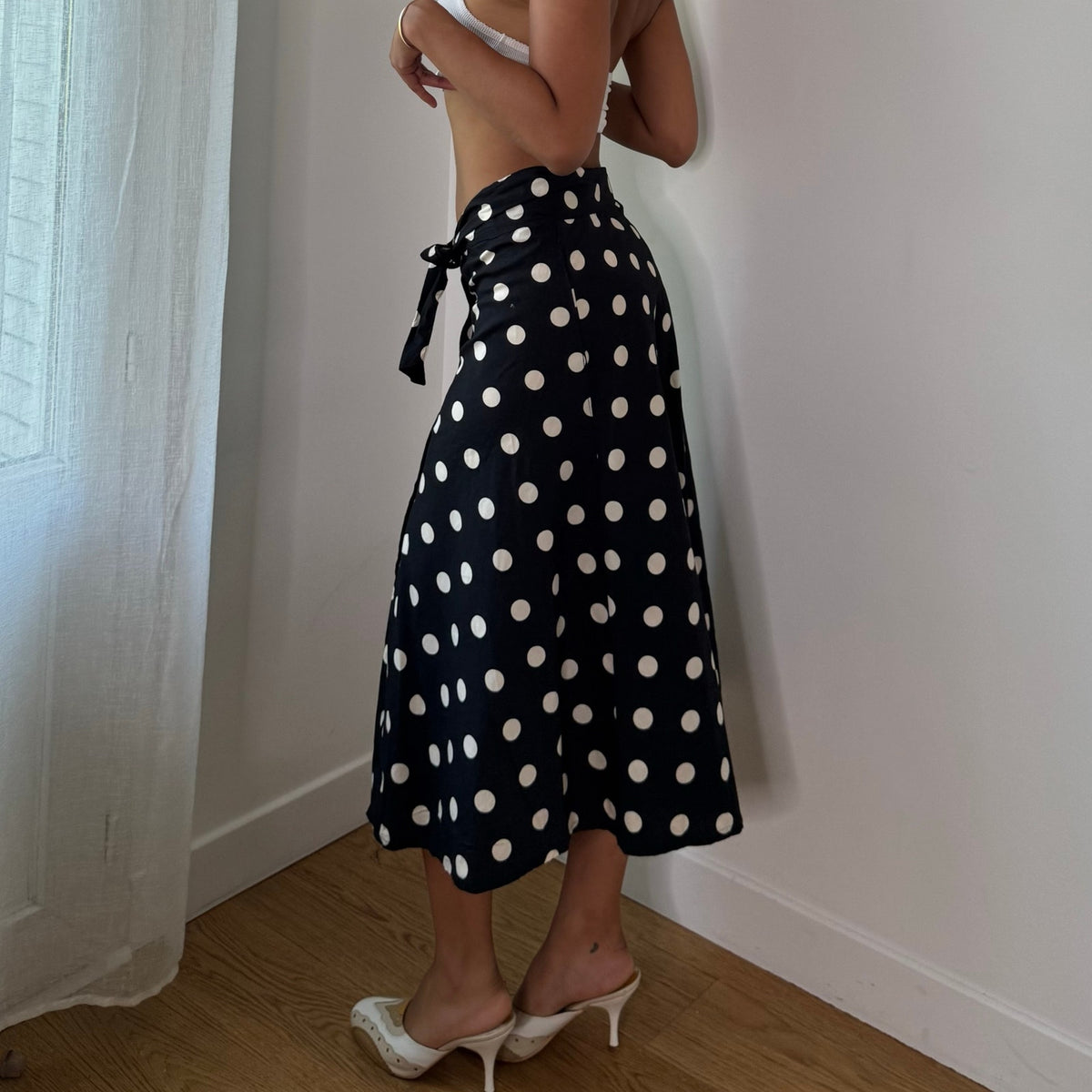Vintage Italian Black White Polka Dot Wrap Midi Skirt Y2K (S)